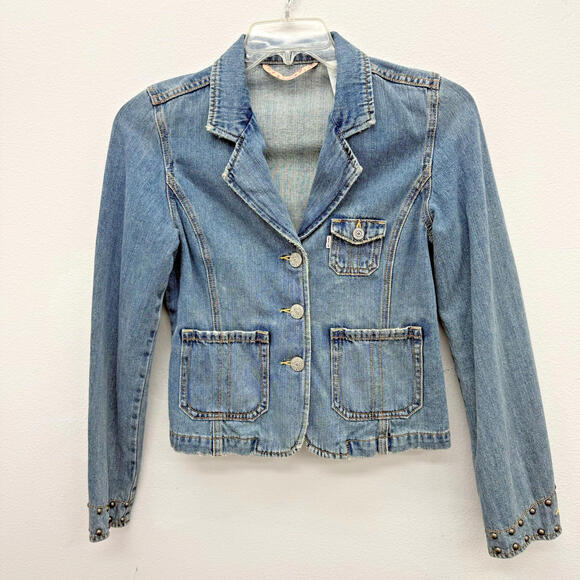 Levis Girls Medium Denim Jean Jacket Blazer Coat White Label Studs - Picture 1 of 9